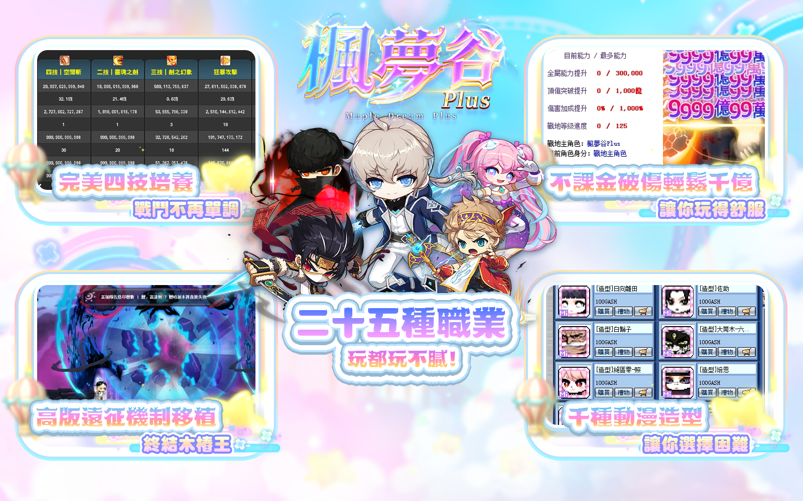 楓夢谷 PLUS 服方功能圖,展示職業、四技、遠征畫面與造型商店